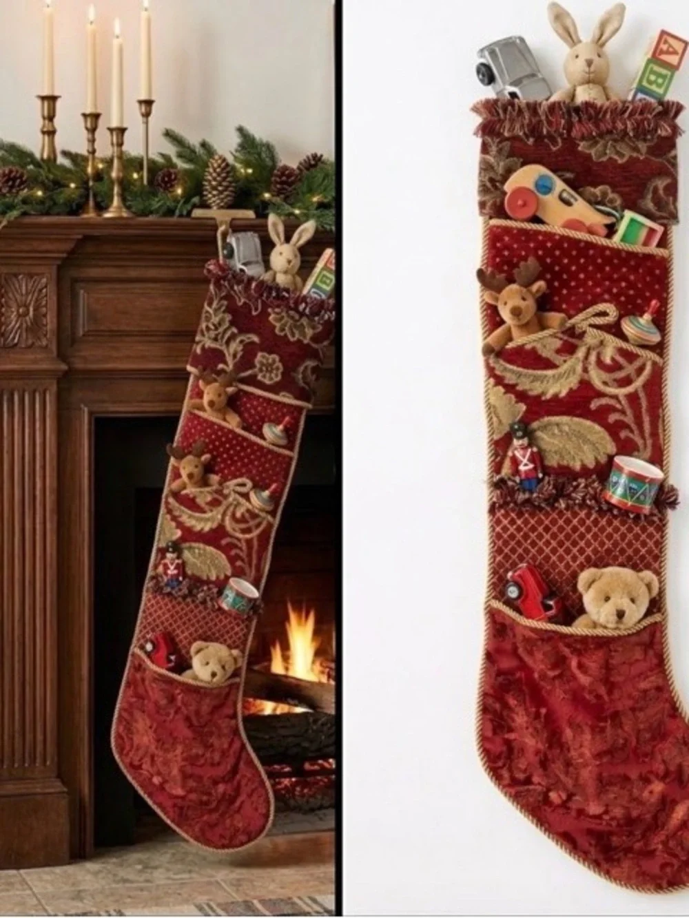 Vintage C&F Enterprise 36”H Victorian Christmas 4 Pocket Velvet Stocking New